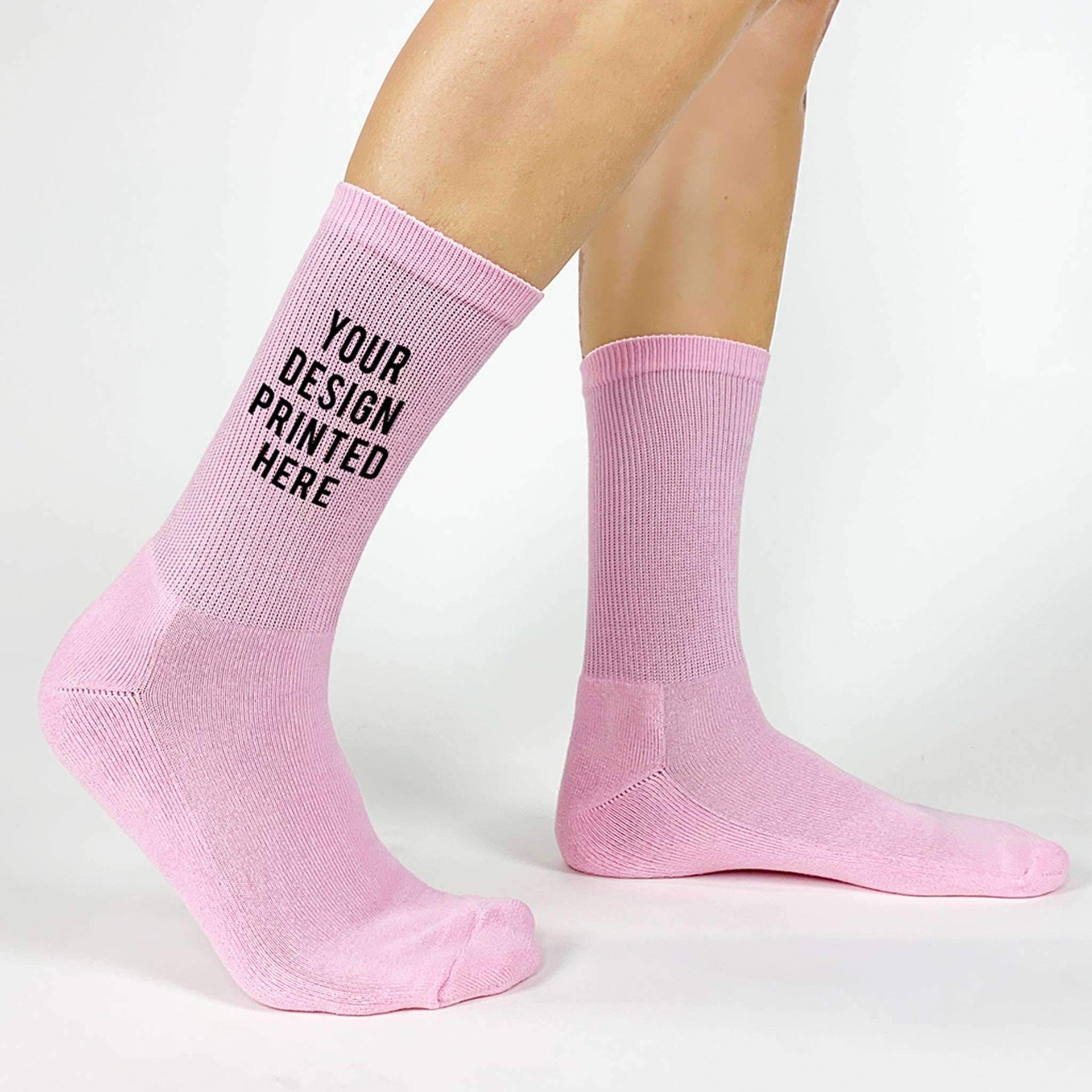 Custom printed pink cotton crew socks create your own design.