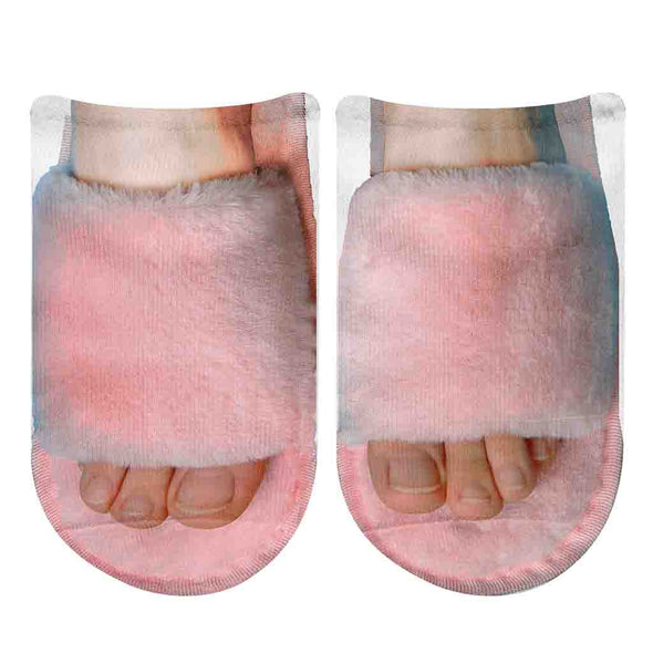 Cool original design by socksprints, custom printed pink furry slipper socks printed on white cotton no show socks.