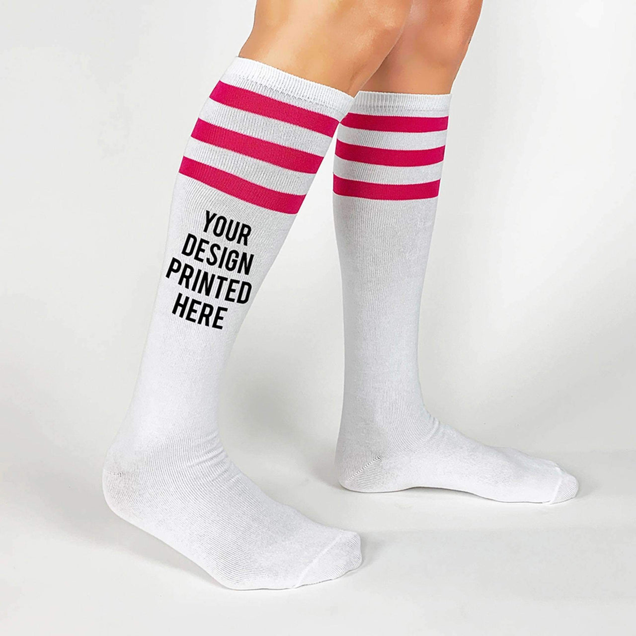 Custom printed white knee high socks with fuchsia stripes.