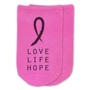 Love Life Hope custom printed on fuchsia no show socks.