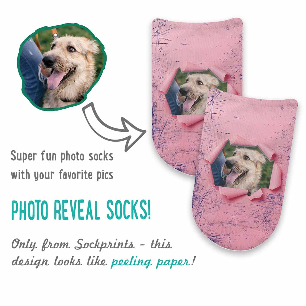 Custom printed photo reveal socks personalized using your own photo with colored background design printed on no show socks.