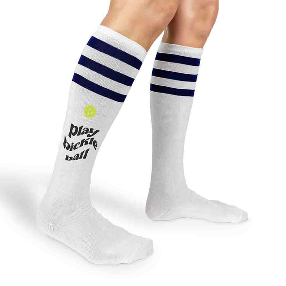 Play pickleball design dink dink smash custom printed on the side of the knee high socks by sockprints.