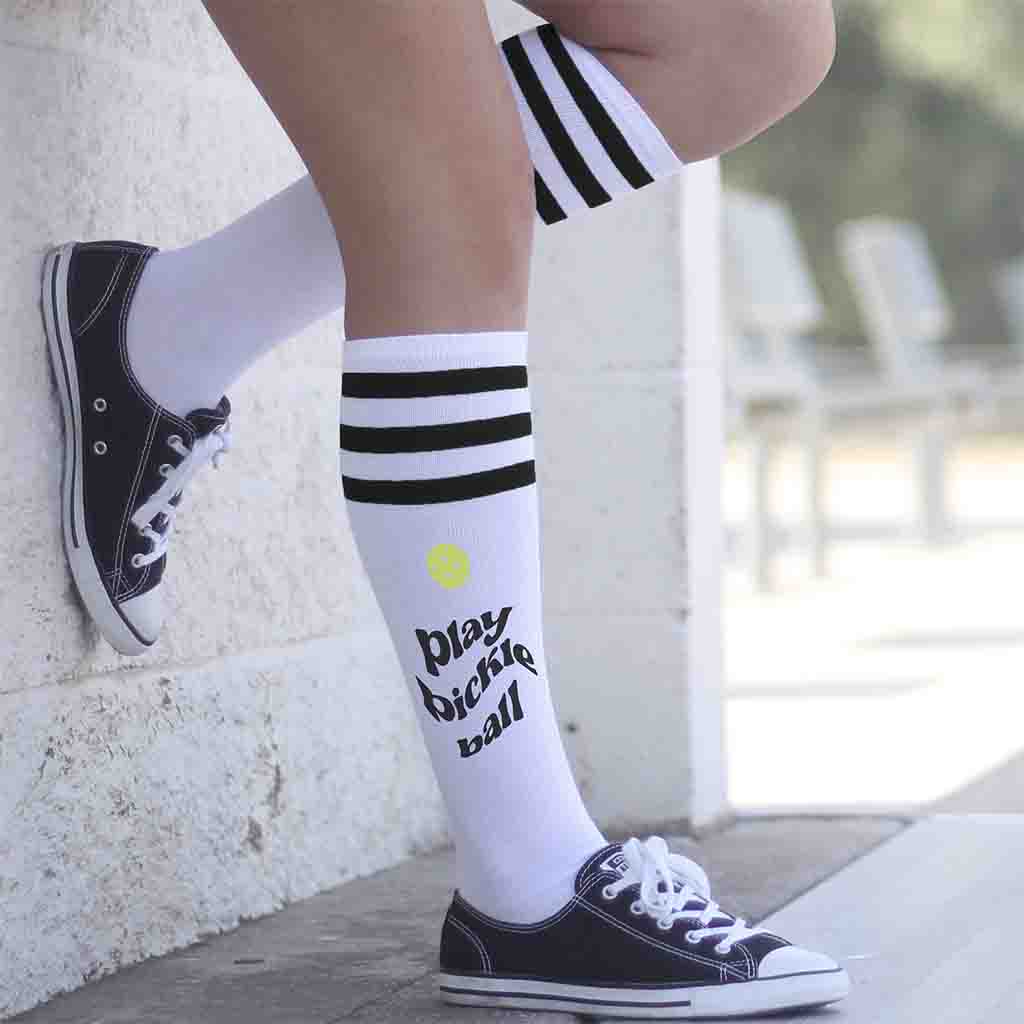 Play pickleball knee high socks for her custom printed by sockprints.