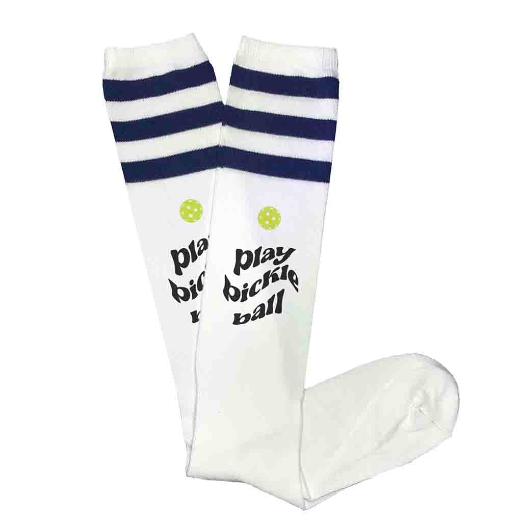 Play pickleball design custom printed on striped knee high socks.