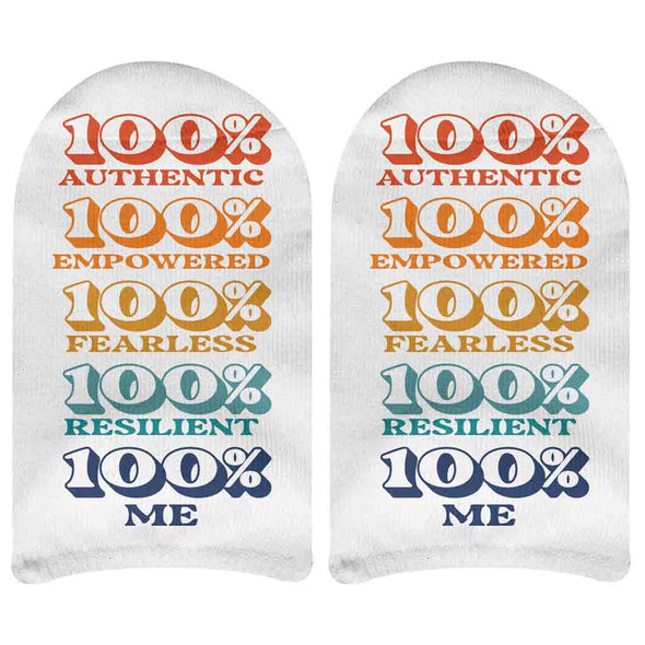 100% me authentic, fearless, resilient design digitally printed on no show socks.