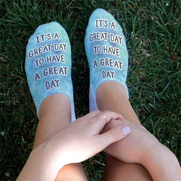 It's a great day to have a great day tie dye design printed on no show socks.