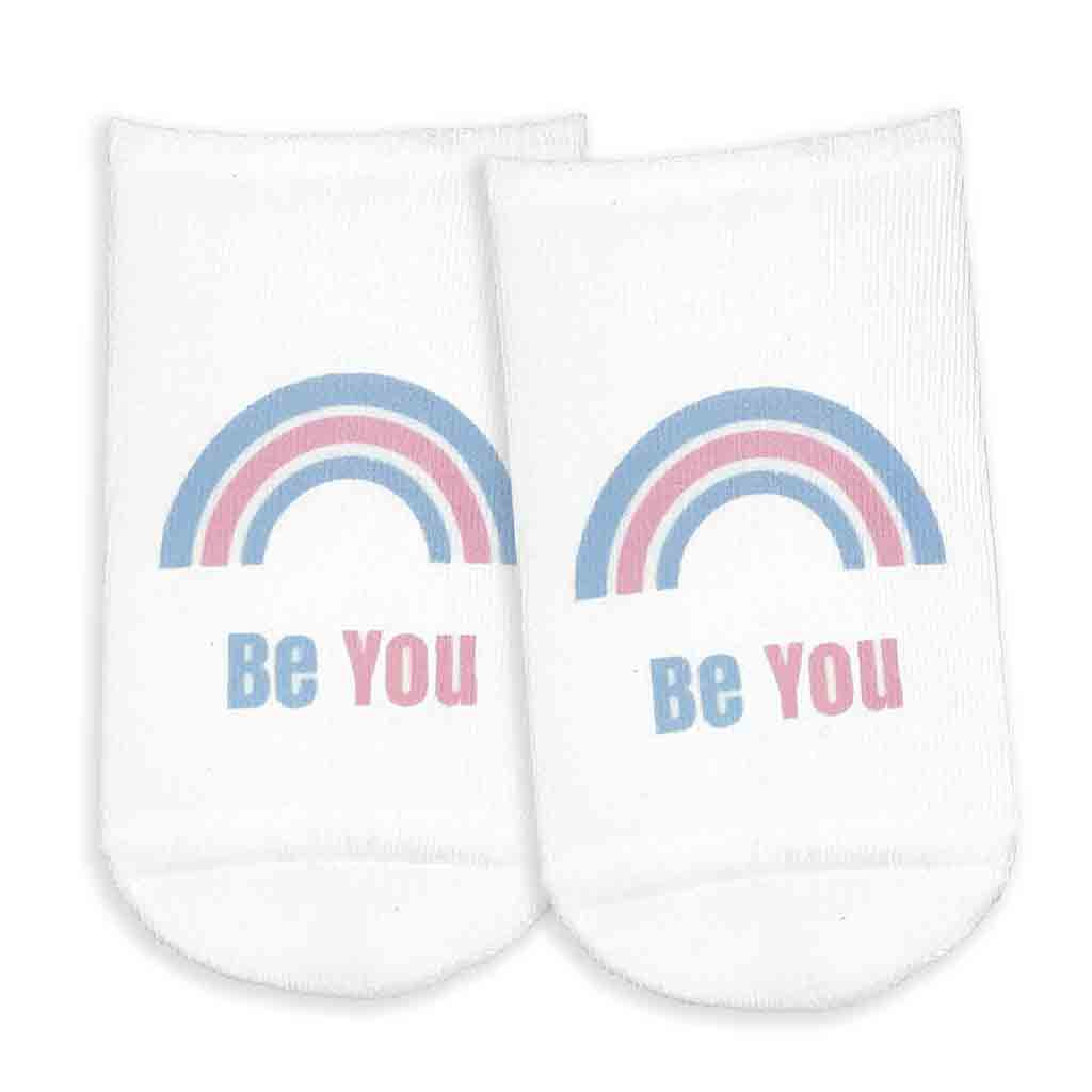 Be you rainbow design custom printed on no show socks.