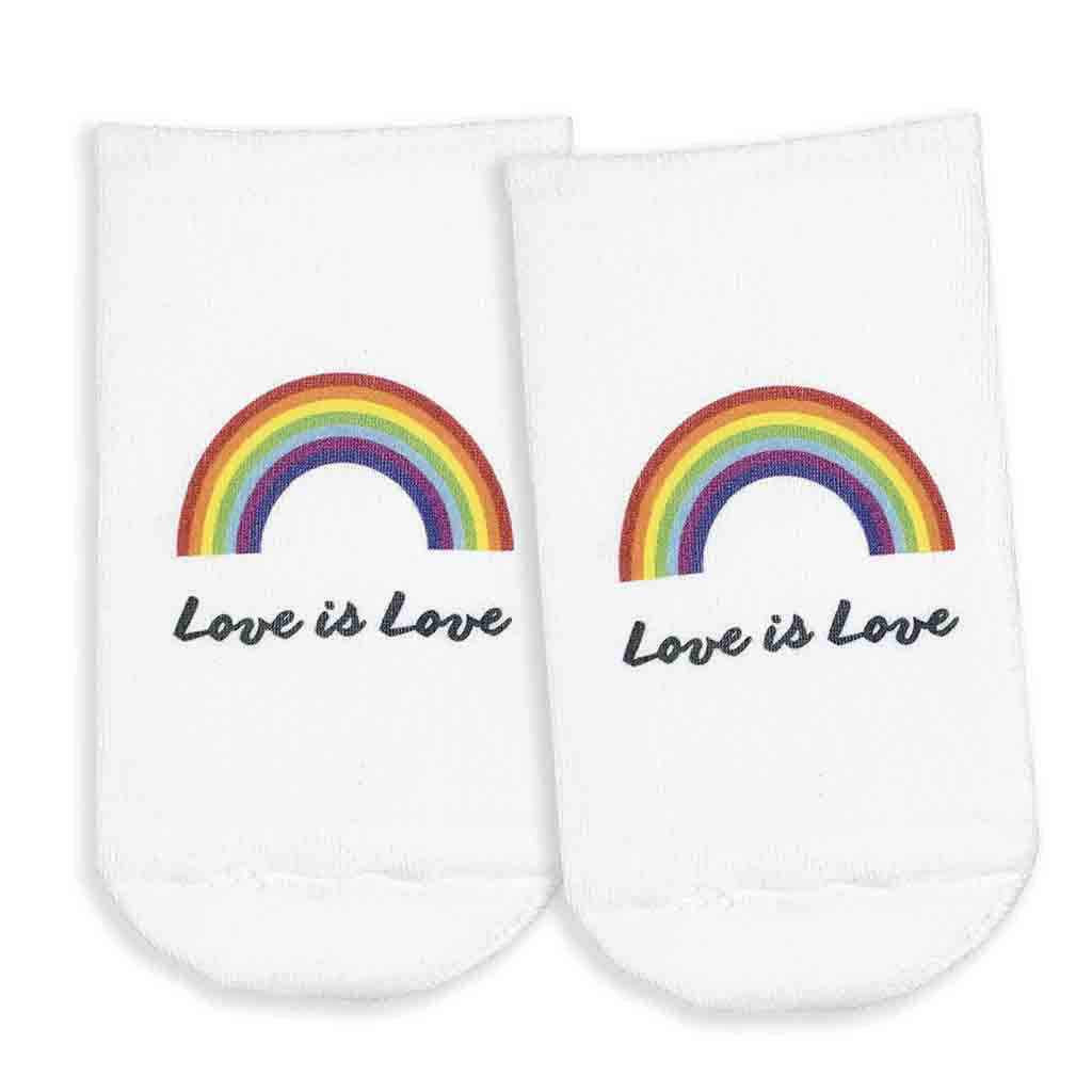 Love is love rainbow design custom printed on no show socks.