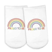 Proud to be rainbow design custom printed on no show socks.