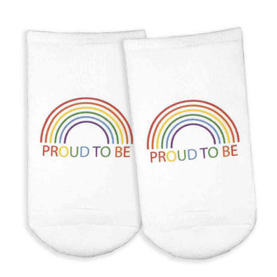 Proud to be rainbow design custom printed on no show socks.