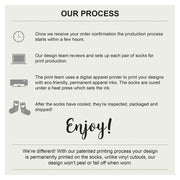 Unique patented one of a kind printing process makes an amazing product with custom printed socks.