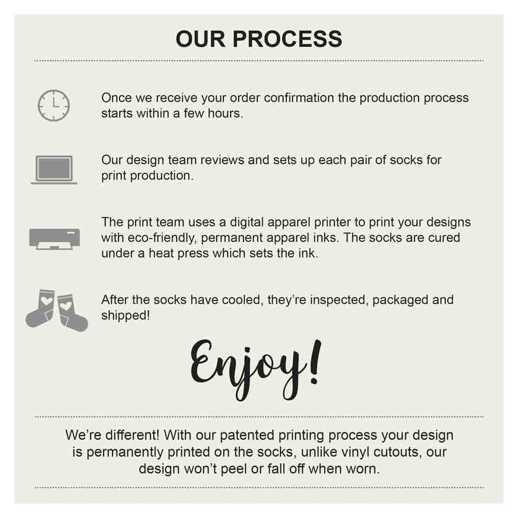 Unique patented one of a kind printing process makes an amazing product with custom printed socks.