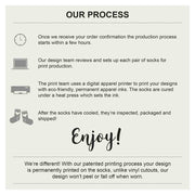 Unique patented one of a kind printing process makes an amazing product with custom printed socks.