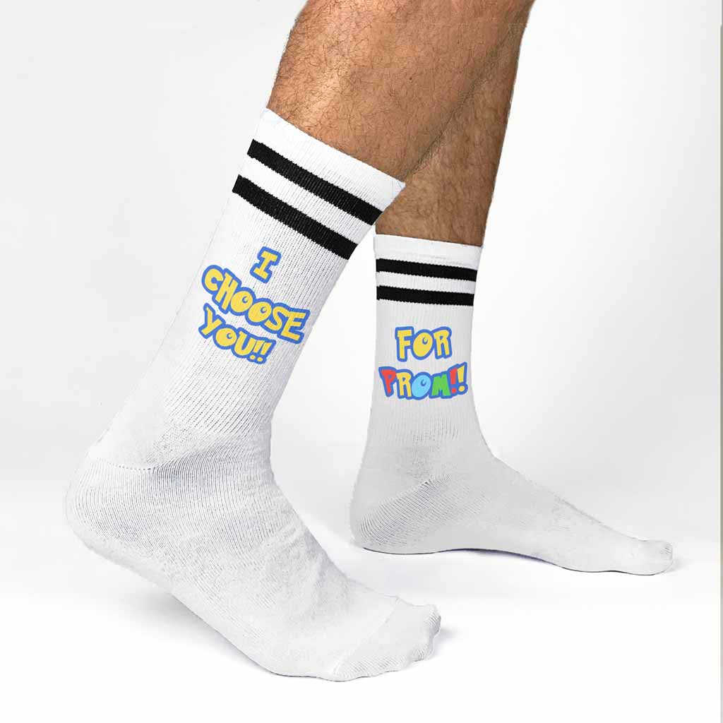 A fun original way to ask your special someone to prom are these black striped white cotton crew socks printed with an anime style font design.
