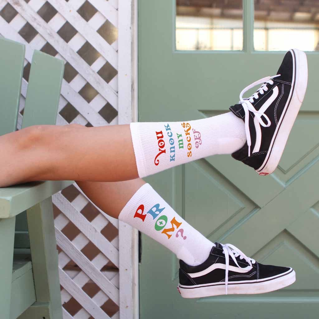 Prom question digitally printed on white cotton crew socks make these the most original idea to ask someone to the high school prom.