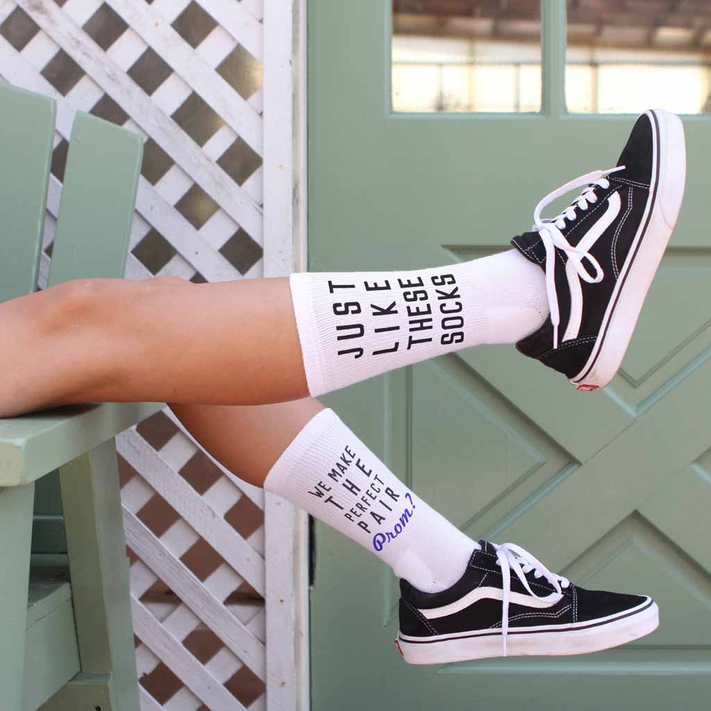 Custom printed white cotton crew socks with just like these socks we make the perfect pair digitally printed on both sides of the socks make special for your date.