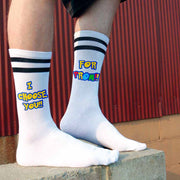 A unique way to ask your special someone to prom are these custom printed black striped white cotton crew socks  with an anime style font design.