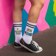 Fun I choose you anime style design digitally printed on both sides of the black striped white cotton crew socks is the perfect memorable way to ask someone to prom.