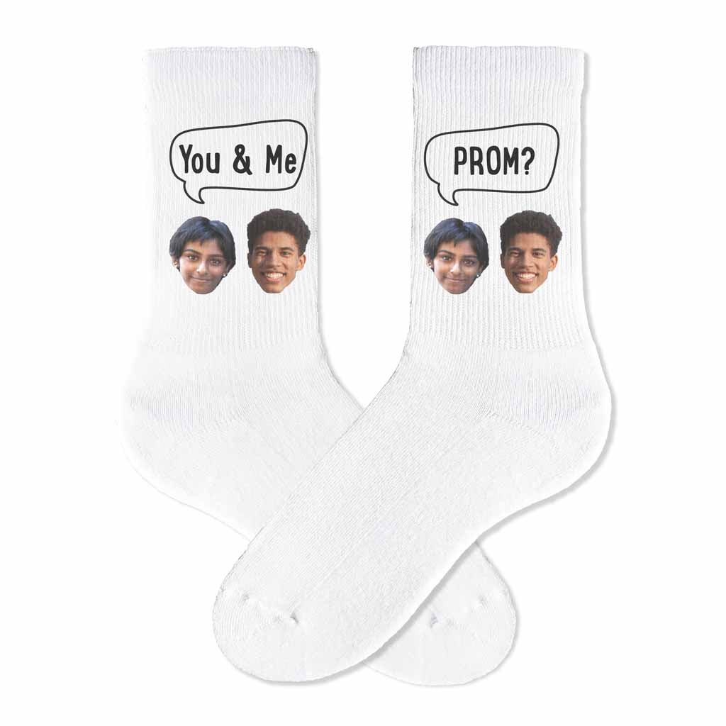 Custom promposal photo socks questions digitally printed on white cotton crew socks make these a fun unique way to ask someone to prom.