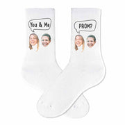 Custom promposal photo socks questions digitally printed on white cotton crew socks make these a fun unique way to ask someone to prom.