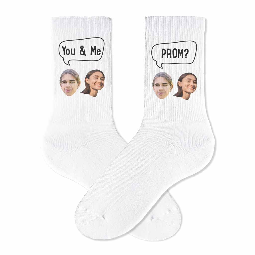 Custom promposal photo socks questions digitally printed on white cotton crew socks make these a fun unique way to ask someone to prom.