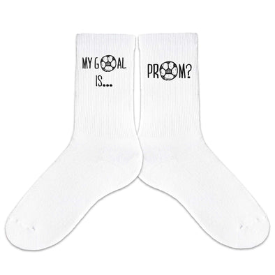 My goal is prom custom printed on white cotton crew socks for a promposal.