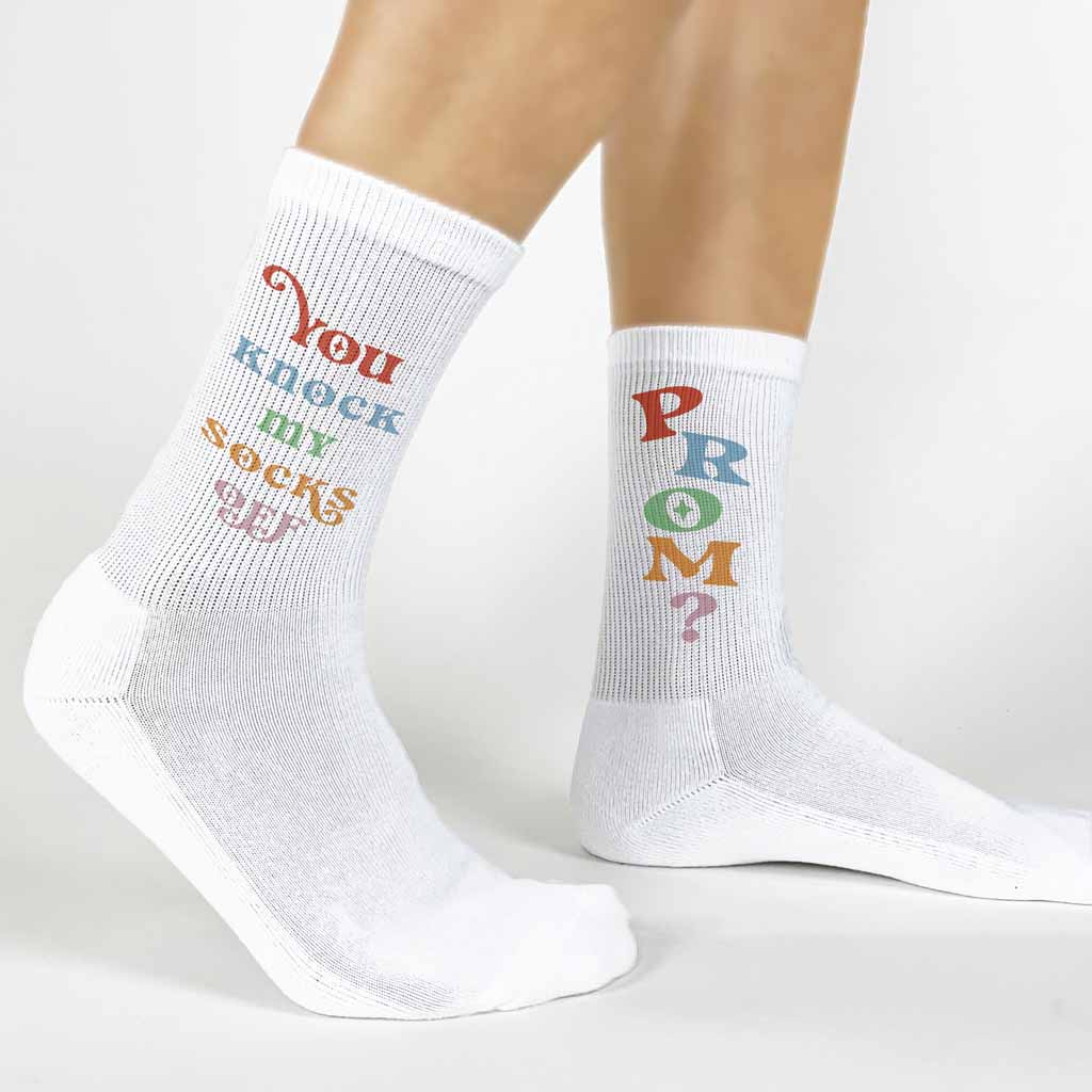 Prom question digitally printed on both sides of white cotton crew socks make these the unique way to ask someone to the high school prom.