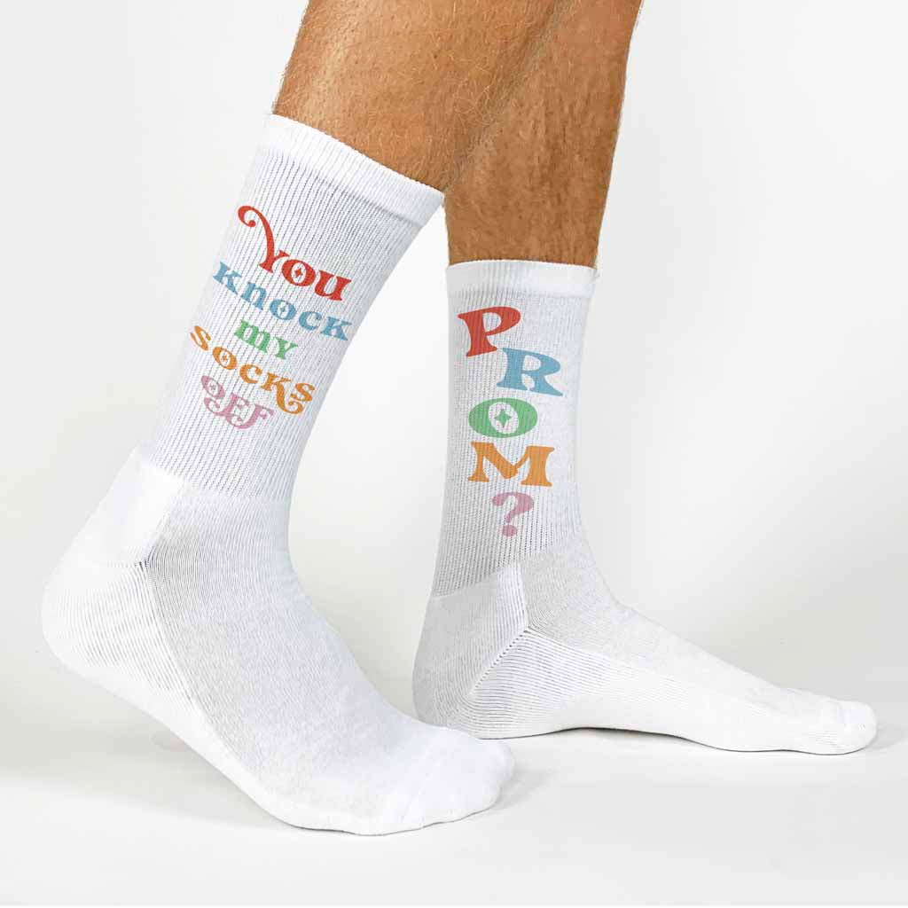 Funny prom question digitally printed on white cotton crew socks make these an original idea to ask someone to the high school prom.