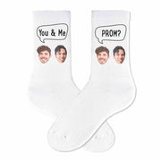 A fun original idea to ask someone to prom with these custom printed white cotton crew socks digitally printed with your own photos on them.