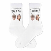 Custom promposal photo socks questions digitally printed on white cotton crew socks make these a fun unique way to ask someone to prom.