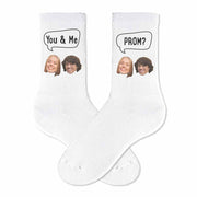 Custom promposal photo socks questions digitally printed on white cotton crew socks make these a fun unique way to ask someone to prom.