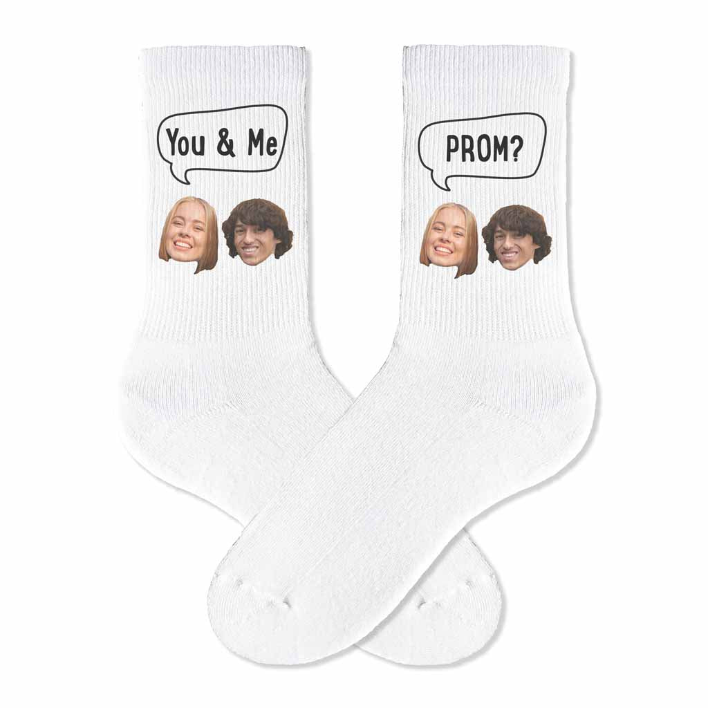 Custom promposal photo socks questions digitally printed on white cotton crew socks make these a fun unique way to ask someone to prom.