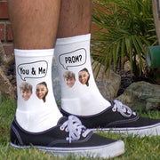 Custom promposal photo socks questions digitally printed on white cotton crew socks make these a fun unique way to ask someone to prom.