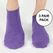 Super soft purple cotton blend no show socks available in three sizes sold as a three pair pack in same size and color.