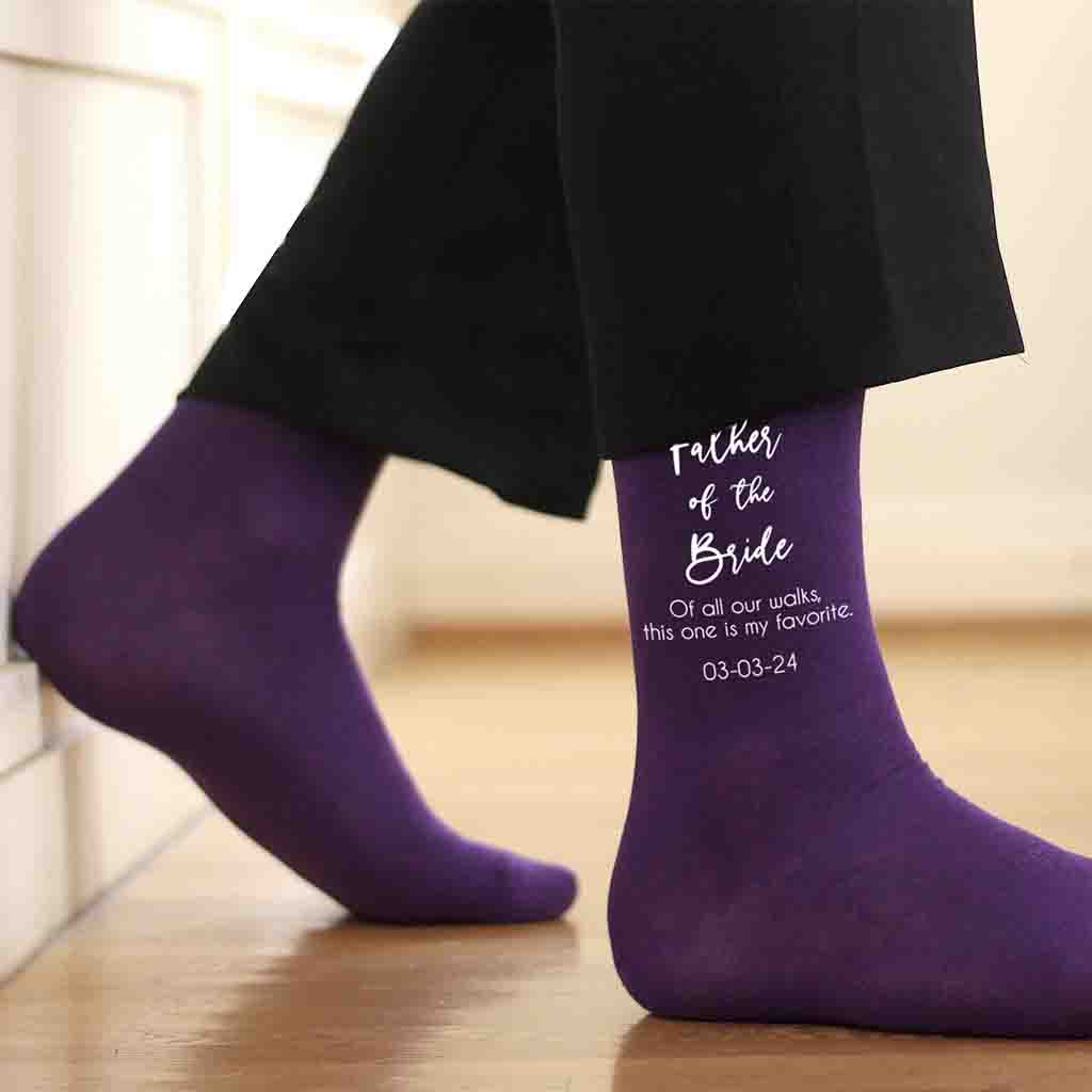 Purple flat knit wedding socks digitally printed for the father of the bride and personalized with your wedding date make a great gift to remember on your wedding day.