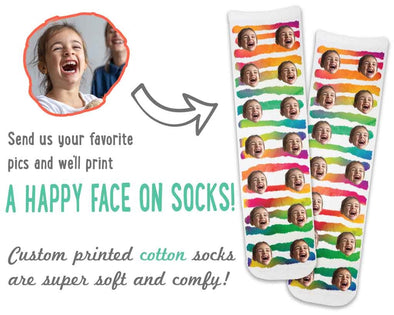 Personalized face socks with your photos custom printed in a full print design of your background choice on the cotton crew socks are super soft and comfy!