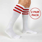 Red striped cotton knee high socks on sale for women