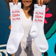 Alpha Sigma Alpha sorority name in sorority color digitally printed on comfy white cotton crew socks