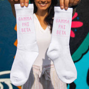 Gamma Phi Beta sorority name in sorority color digitally printed on comfy white cotton crew socks