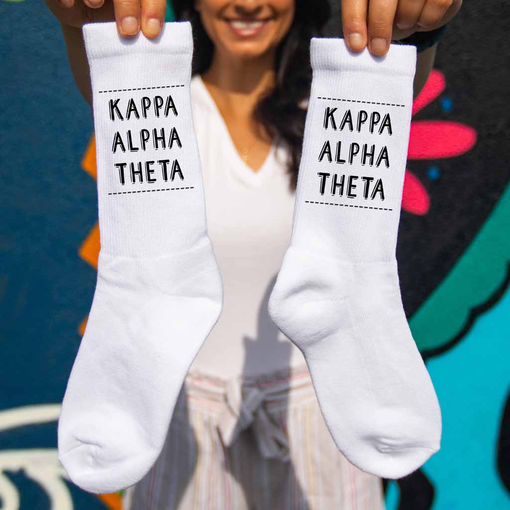 Kappa Alpha Theta sorority name in sorority color digitally printed on comfy white cotton crew socks