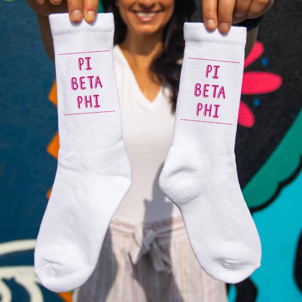 Pi Beta Phi sorority name in sorority color digitally printed on comfy white cotton crew socks