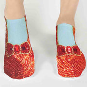 Cute ruby slipper design digitally printed on white no show socks make a great gift.