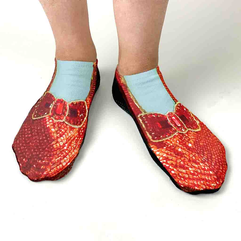 Original design by socksprints these digitally printed red slippers are custom printed on no show gripper sole socks.