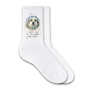 I ruff you to the moon and back printed on the sides of the socks personalized using your own photo printed in the middle of the design digitally printed on white cotton crew socks.