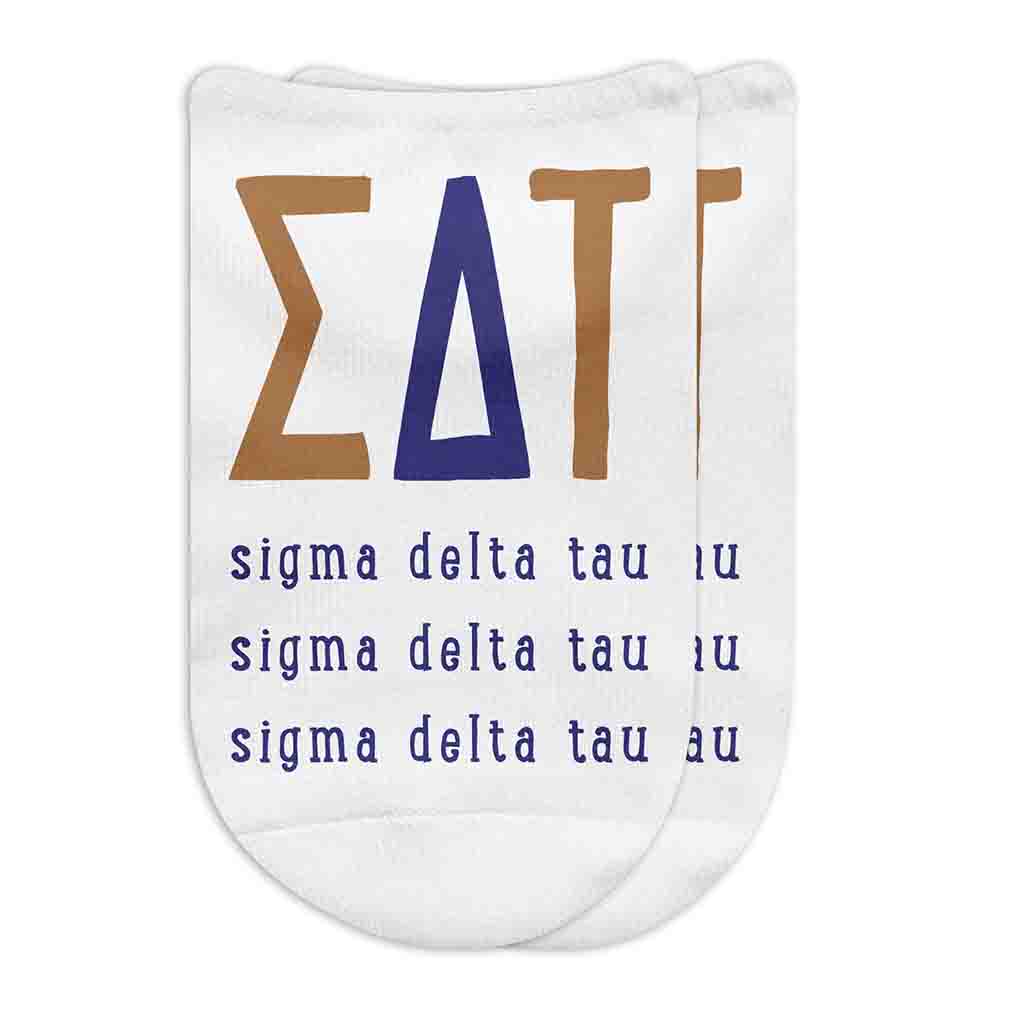 Sigma Delta Tau sorority letters and name digitally printed on white no show socks.