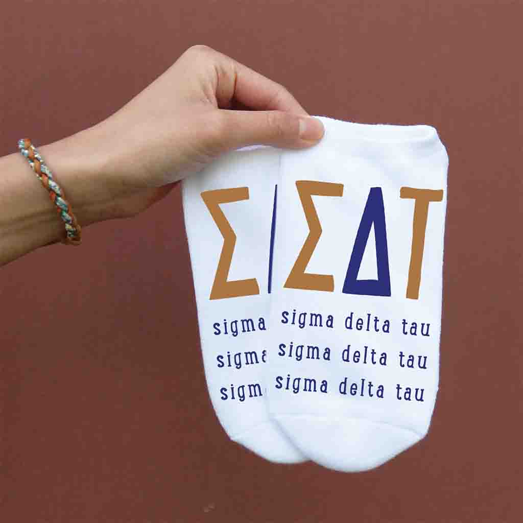 Sigma Delta Tau sorority letters and name digitally printed on white no show socks.