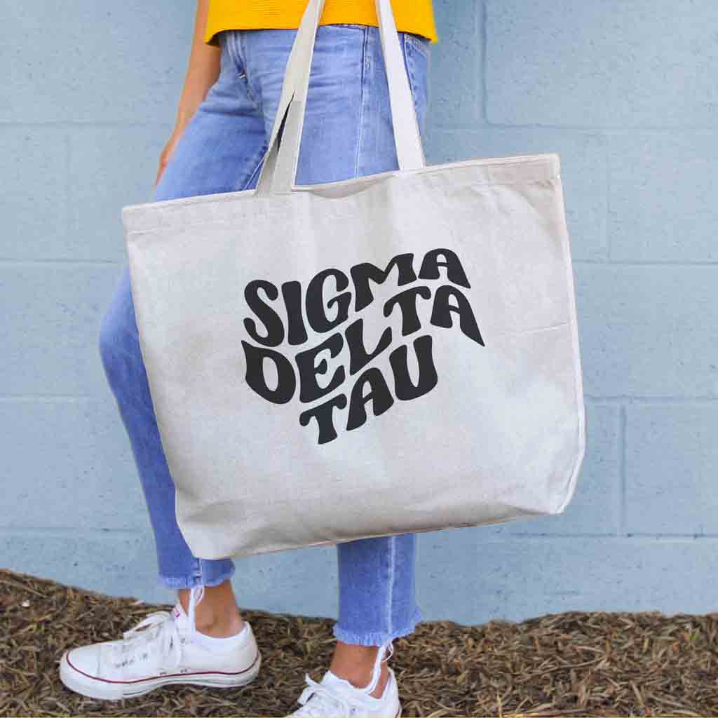 Sigma Delta Tau digitally printed simple mod design on roomy canvas sorority tote bag.