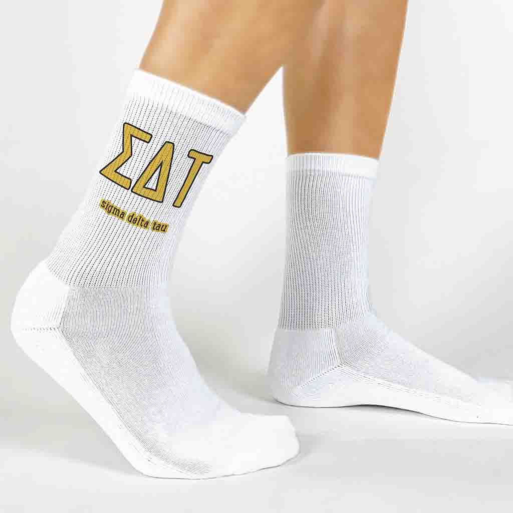 Sigma Delta Tau sorority letters and name digitally printed in sorority colors on white crew socks.