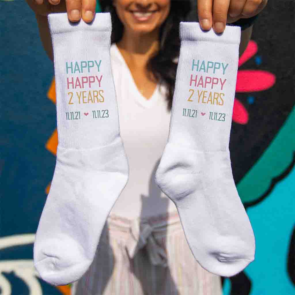 Two year anniversary gift for wife personalized with happy happy two years and your date digitally printed on ribbed cotton crew socks.