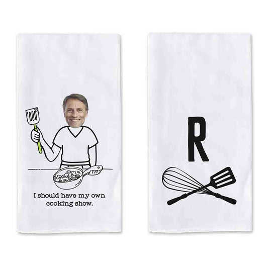 My own cooking show two piece dish kitchen towel set custom printed and personalized with your photo and initlal.